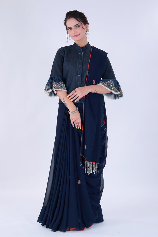 Dil-E-Bahaar Navy Blue Saree – Midnight Blossom - Nirsha