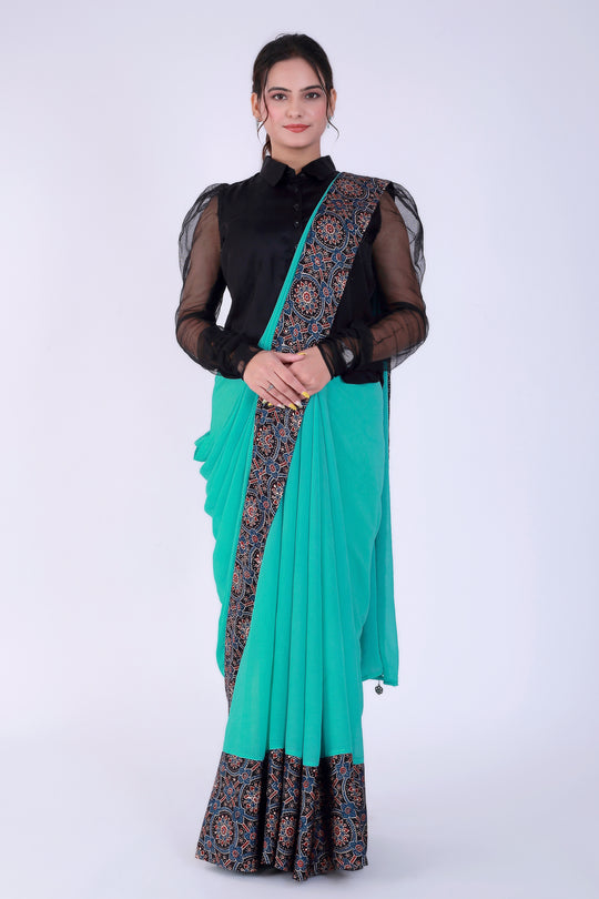 Ajrakh Teal Green Saree with Shirt – Heritage in Teal - Nirsha