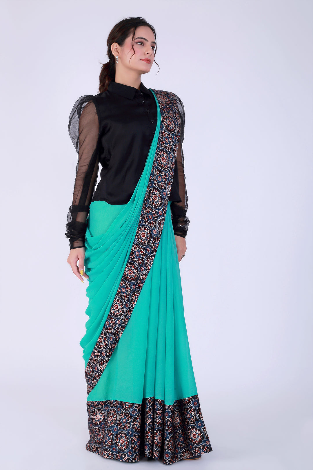 Ajrakh Teal Green Saree with Shirt – Heritage in Teal - Nirsha