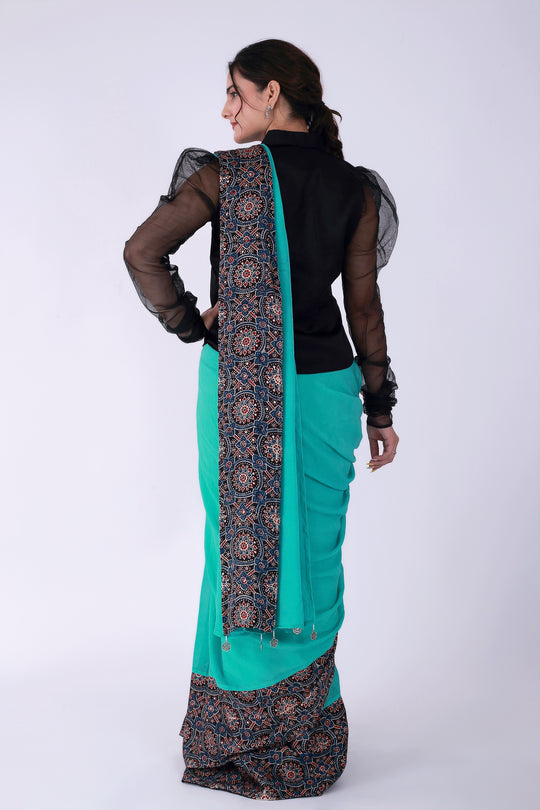 Ajrakh Teal Green Saree with Shirt – Heritage in Teal - Nirsha