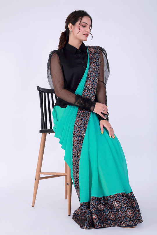 Ajrakh Teal Green Saree with Shirt – Heritage in Teal - Nirsha