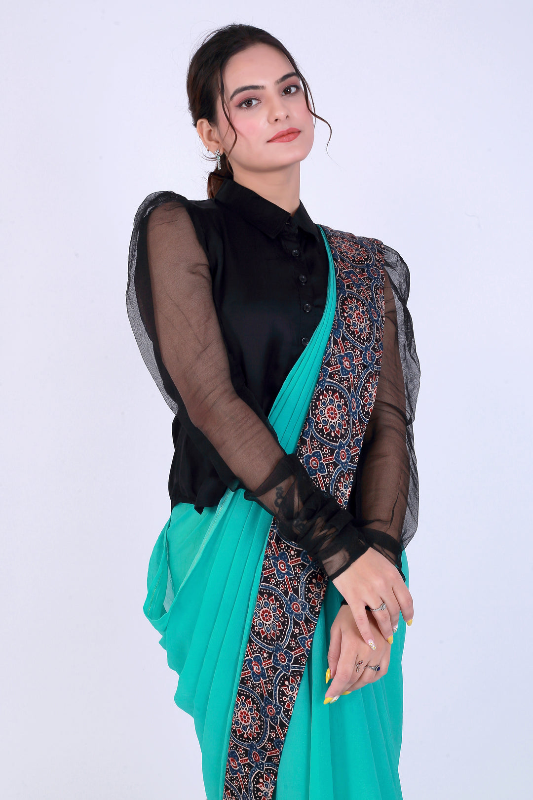 Ajrakh Teal Green Saree with Shirt – Heritage in Teal - Nirsha