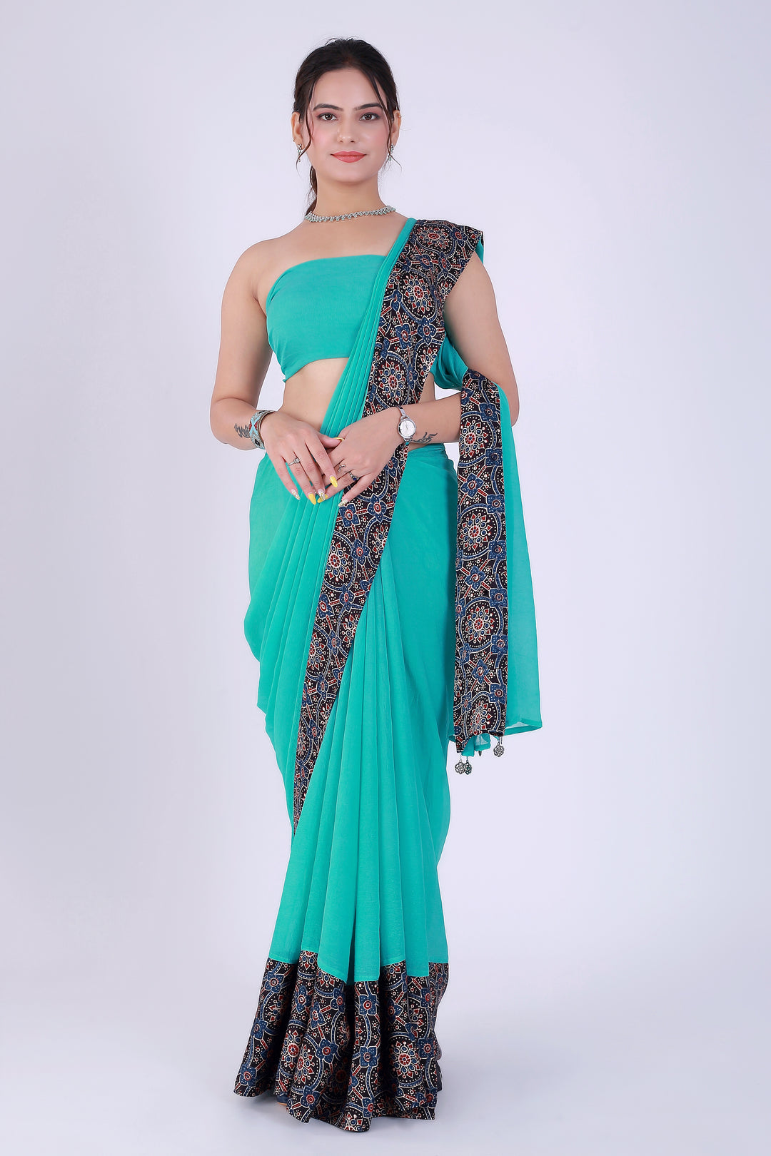 Ajrakh Teal Green Saree with Blouse – Heritage in Teal - Nirsha