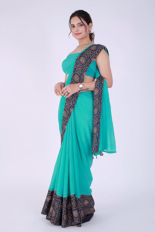 Ajrakh Teal Green Saree with Blouse – Heritage in Teal - Nirsha