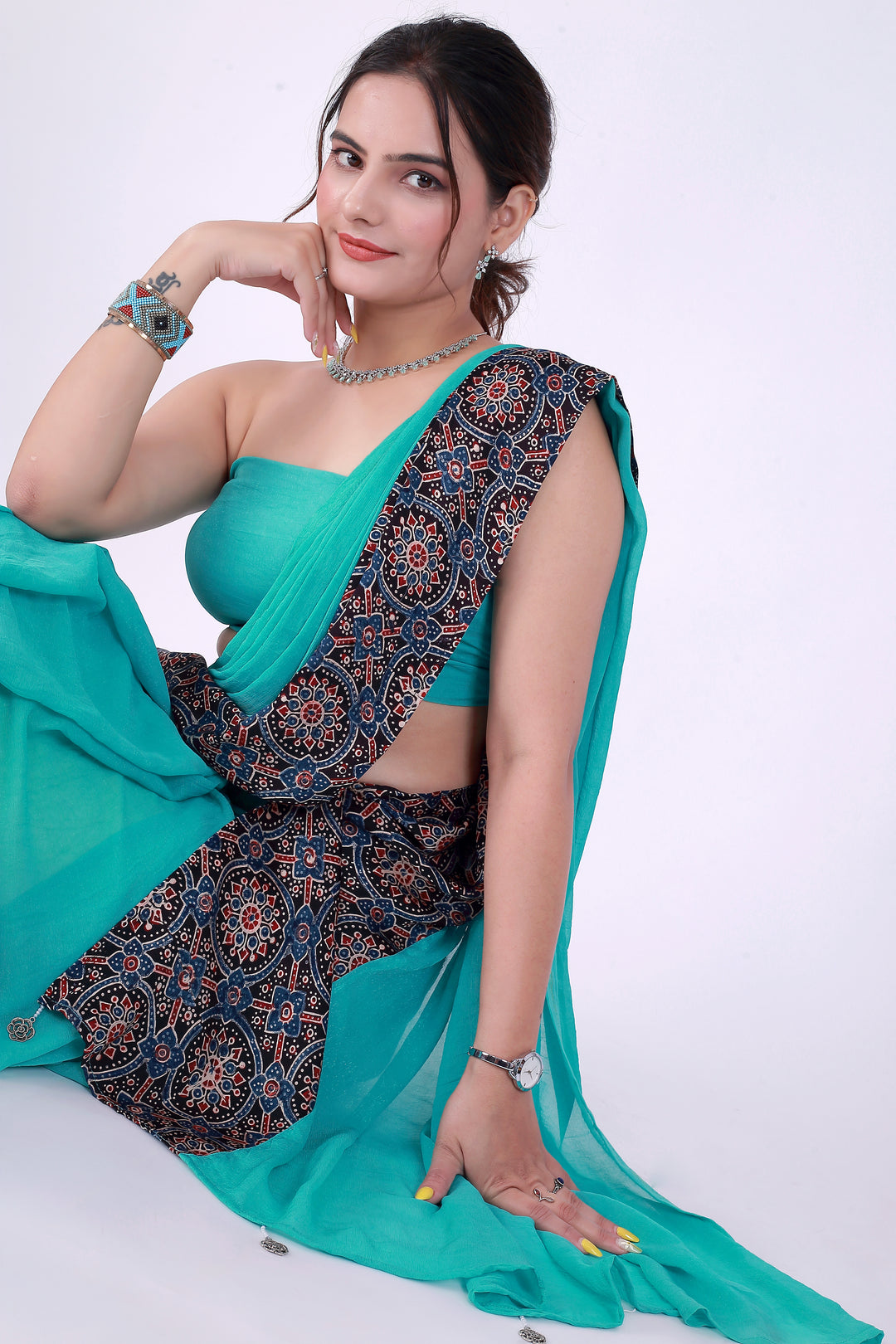 Ajrakh Teal Green Saree with Blouse – Heritage in Teal - Nirsha