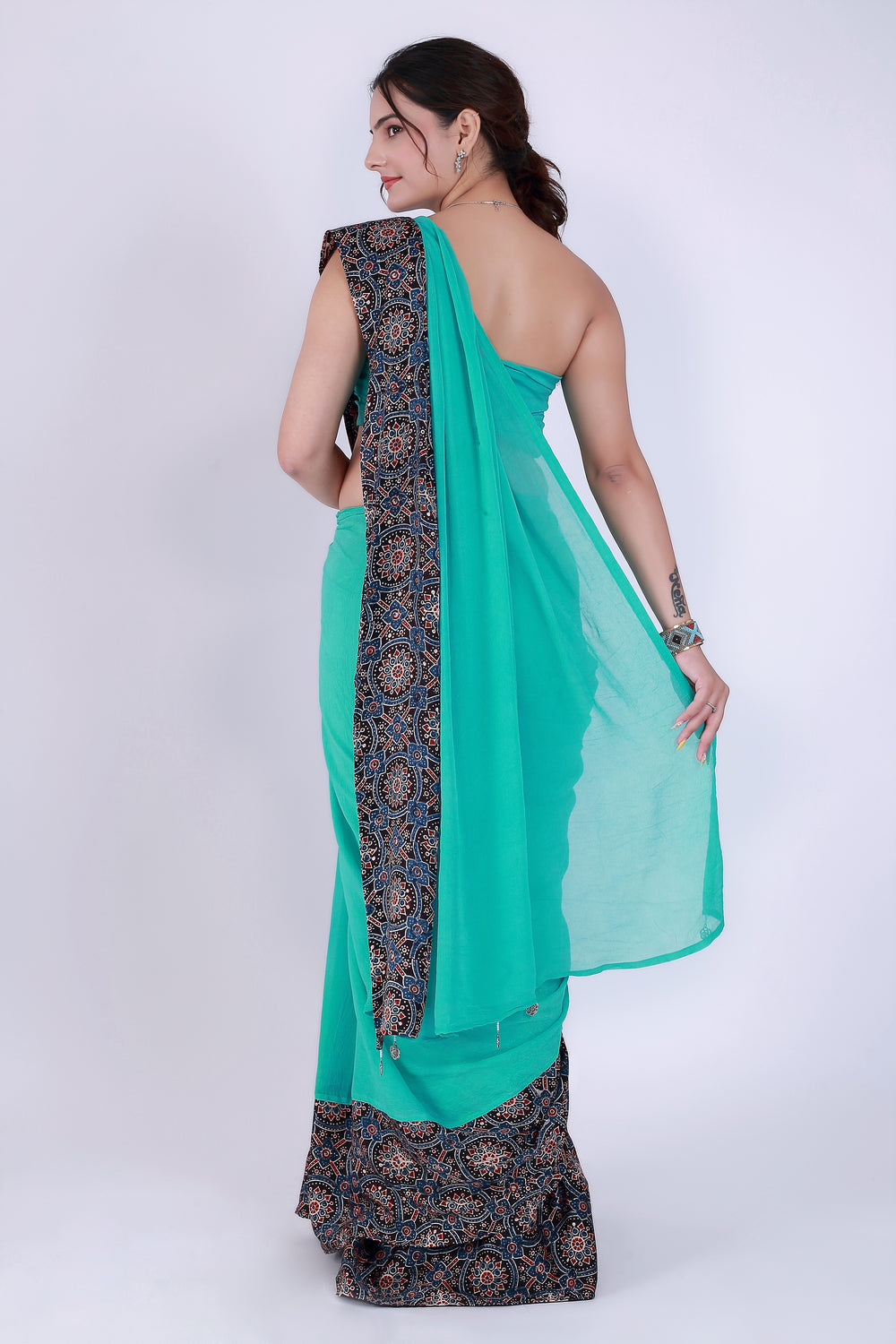 Ajrakh Teal Green Saree with Blouse – Heritage in Teal - Nirsha