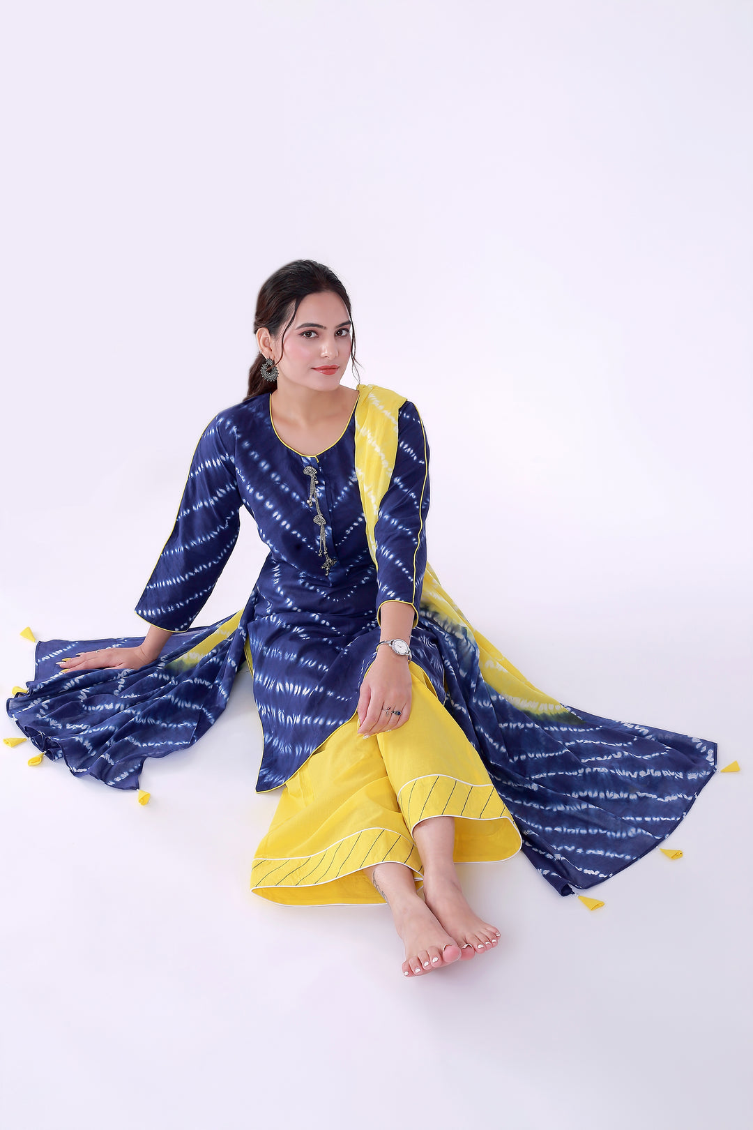 Haseena Regal Splendor Suit Set – Navy Blue and Yellow - Nirsha