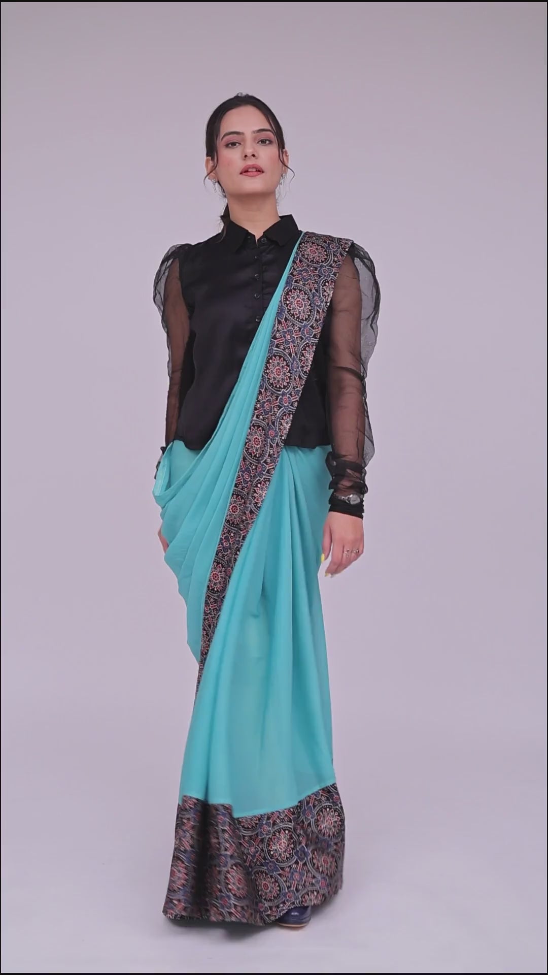 Ajrakh Teal Green Saree with Shirt – Heritage in Teal