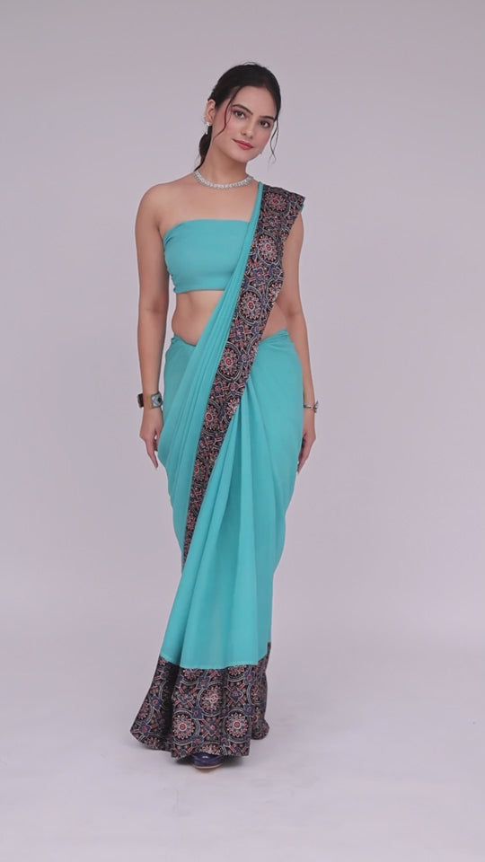 Ajrakh Teal Green Saree with Blouse – Heritage in Teal